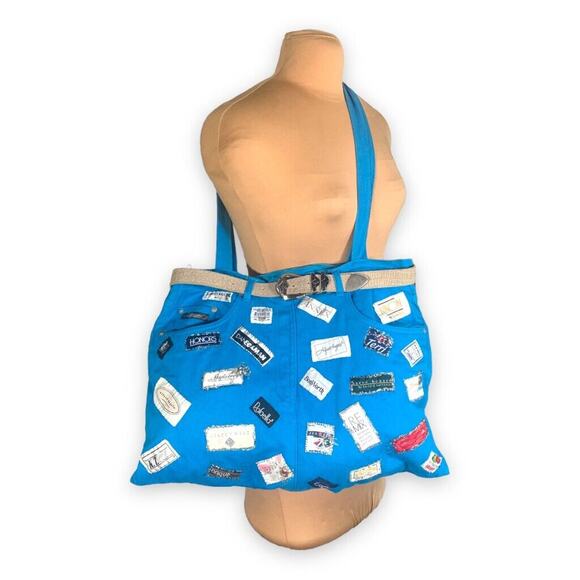 Upcycled Maxi Tote Bag Vintage Blue Jeans Logos Belt Detail OOAK Handmade Purse - Picture 3 of 15